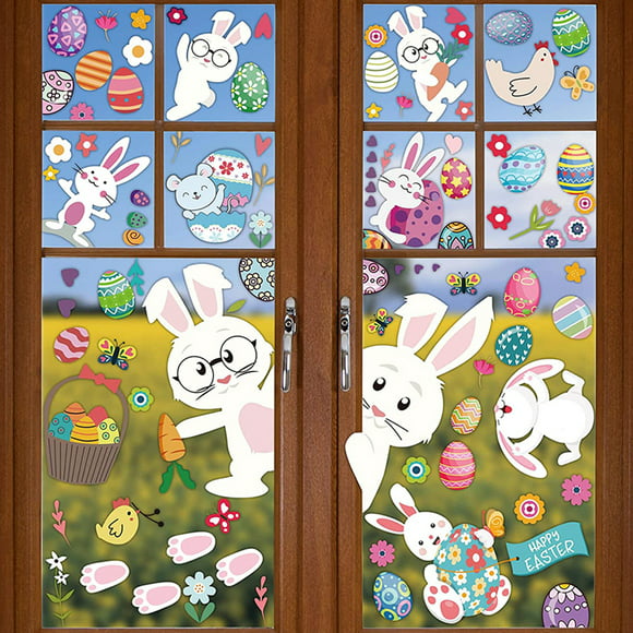 Abaodam 2pcs Happy Easter Wall Sticker Bunny Sticker Self-Adhesive Wall Decal Background Accessories for Easter Home Kids Bedroom Decor 
